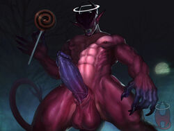 abs altagrin balls bodily_fluids candy claws demon dessert dripping erection eyeless fangs food forked_tail genital_fluids genitals halo holding_candy holding_food holding_object horn humanoid lollipop low-angle_view male monster moon muscular muscular_male night nipples nude pecs penis precum precum_drip precum_on_penis precum_on_self realistic red_body red_skin saliva saliva_on_tongue salivating solo teratophilia tongue tongue_out