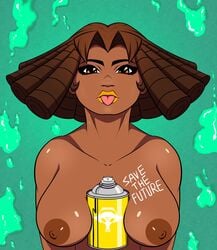 1girls black_skin body_writing breasts brown_hair crackheaddreamer dark-skinned_female dark_skin female female_only jet_set_radio nipples orange_eyes piranha_(jsr) solo spray_can tongue tongue_out yellow_lipstick