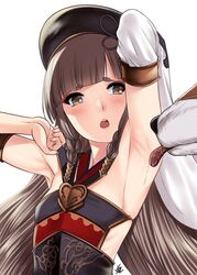 1girls armpit_licking armpits arms_up bangs blush breasts brown_eyes brown_hair canine female granblue_fantasy hakutaku_(granblue_fantasy) high_resolution interspecies licking open_mouth pettanko pholia saliva saliva_drip sleeveless small_breasts solo xtermination