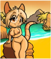 anthro areola arm_on_breasts beach breasts brown_eyes evergreen_tree eyeball6300_(chiv) eyewear female genitals glasses glistening glistening_body glistening_breasts hair looking_at_viewer mammal mouse murid murine nude palm_tree pussy rodent seaside sitting slightly_chubby smile smiling_at_viewer solo tan_body tree tropical white_hair