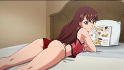 1girls agent_aika aika_r-16 ass bed bedroom breasts eri_shinkai female female_focus female_only hourglass_figure human indoors light-skinned_female light_skin lingerie long_hair negligee on_bed on_stomach panties pillow red_hair screencap transparent_clothing