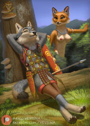 ancient ancient_rome anthro areola armor belt bracelet breasts canid canine canis closed_eyes clothed clothed/nude clothing day duo female fluffy fluffy_ears fluffy_tail forest fox fur gaul gaulish grass green_eyes grey_body hi_res inner_ear_fluff jewelry legionaire legionary log looking_at_another lorica lorica_hamata male mammal melee_weapon military military_clothing military_uniform napping necklace nipples nude orange_body partially_clothed pawpads paws phalera pillum plant roman roman_empire shield shrub smile soldier spqr straight sword text torc tree tuft uniform url vestina warrior weapon wolf wood