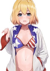 american_flag american_flag_bikini ayul_(ayulneri_92) bangs bikini blonde_hair blue_eyes blush crossed_bangs eyebrows_visible_through_hair female flag_print hair_between_eyes hand_in_pocket high_resolution jacket kanojo_okarishimasu looking_at_viewer nanami_mami navel open_mouth print_bikini print_swimsuit short_hair simple_background solo stomach swimsuit white_background white_jacket