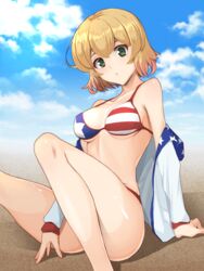 american_flag american_flag_bikini bangs beach bikini blonde_hair breasts breasts_apart female flag_print green_eyes high_resolution kanojo_okarishimasu looking_at_viewer medium_breasts nanami_mami off-shoulder_jacket outdoors shaito short_hair sitting skindentation solo swimsuit thighs underboob