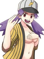 1girls baseball_cap belly_button bottomless breasts covering_breasts eyelashes female female_focus female_only hat implied_bottomless nakaba navel no_bra purple_hair stomach tummy yellow_coat