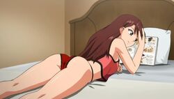 1girls agent_aika aika_r-16 ass bed bedroom breasts eri_shinkai female female_focus female_only hourglass_figure human indoors light-skinned_female light_skin lingerie long_hair negligee on_bed on_stomach panties pillow red_hair screencap solo transparent_clothing