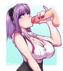 1boy 1girls balls big_breasts busty cleavage clothed clothing dagashi_kashi disembodied_penis drizziedoodles duo fellatio female male penis purple_hair sex shidare_hotaru short_hair testicles unbuttoned