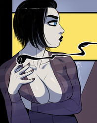 big_breasts black_hair blue_eyes breasts busty cleavage dc dc_comics female female_focus female_only hourglass_figure lipstick makeup nail_polish open_shirt pinup pinup_pose pose posing rachel_roth raven_(dc) shirt short_hair solo straight_hair tagme teen_titans triplexmile wide_hips