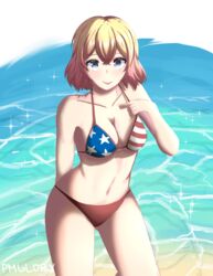 1girls american_flag american_flag_bikini bangs beach bikini blonde_hair blue_eyes blush breasts clavicle cleavage female female_focus female_only flag_print groin hair_between_eyes hi_res high_resolution kanojo_okarishimasu large_filesize looking_at_viewer medium_breasts nanami_mami navel print_bikini print_swimsuit red_bikini short_hair smile solo solo_female solo_focus standing star_(symbol) star_print strap_gap striped swimsuit thighs very_high_resolution