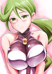 1girls bare_shoulders blush blushing breasts embarrassed eyelashes female female_focus female_only green_eyes green_hair hair_between_eyes ihara_shigekatsu large_breasts looking_at_viewer mitsumi_(pokemon) pokemon pokemon_(manga) pokemon_dpa pokemon_dppt pokemon_trainer ponytail shoulders sleeveless team_galactic uniform upper_body