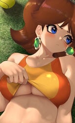 1girls alternate_breast_size bare_shoulders big_breasts blue_eyes blush bra bra_lift breast_focus breasts busty clothed clothed_female earrings female female_only hizake kashu_(hizake) large_breasts mario_(series) mario_tennis nintendo paizuri_invitation presenting presenting_breasts princess_daisy royalty shirt_lift short_hair solo solo_female sports_bra sportswear tennis_ball tomboy underboob undressing video_games young