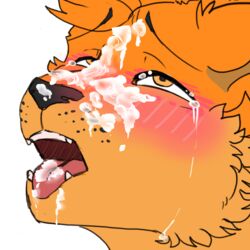 1:1 2020 alpha_channel anthro blush bodily_fluids bukkake canid canine canis chilliad_(oc) cum cum_in_mouth cum_inside cum_on_face digital_media_(artwork) dingo fur genital_fluids half-closed_eyes looking_pleasured low_res male male_only mammal narrowed_eyes open_mouth orange_body orange_eyes orange_fur simple_background solo tears teeth transparent_background xentinel