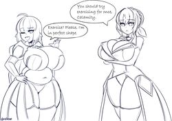 2girls alphaerasure black_and_white calamity_(alphaerasure) chubby clothed demon_girl female female_only gigantic_ass huge_ass huge_breasts large_breasts looking_at_viewer sketch slightly_chubby stockings text thick_thighs tight_clothing wide_hips