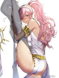 1girls ass back back_view bare_back bare_thighs big_ass big_breasts braid dancer dancer_outfit embarrassed female_only fire_emblem fire_emblem_awakening harem_outfit large_ass long_hair looking_at_viewer looking_back nintendo olivia_(fire_emblem) pink_hair ponytail purple_eyes ritence see-through solo solo_female splits standing_on_one_leg stretching thick_thighs thighs twin_braids veil vertical_splits