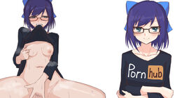 a-chan_(hololive) blue_eyes blue_hair blush breasts female finger_fuck fingering fingering_self glasses hololive hololive_staff koukoutatetate masturbation mouth_hold nipple_tweak nipples pornhub pussy shirt_lift small_breasts solo virtual_youtuber