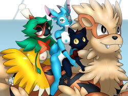 2018 4:3 ankh anthro arcanine bottomless breasts clothed clothing decidueye digital_media_(artwork) felid female female_decidueye gender_symbol genitals group hi_res mae_borowski mammal night_in_the_woods nintendo partially_clothed pokemon pokemon_(species) pool_toy pussy symbol video_games winick-lim