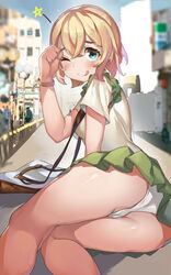 1girls ass bag bangs blonde_hair blue_eyes blush clumsy female female_focus female_only green_skirt hi_res high_resolution kanojo_okarishimasu looking_at_viewer nanami_mami one_eye_closed panties pantsu shirt short_hair short_sleeves skirt smile solo solo_female solo_focus thighs tongue tongue_out underwear upskirt white_panties white_shirt white_underwear