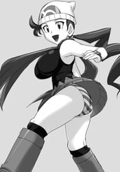 00s 1girls ass beanie boots breasts female female_focus female_only greyscale hat hikawadou large_breasts long_hair mitsumi_(pokemon) monochrome panties pantyshot pokemon pokemon_(manga) pokemon_dpa pokemon_dppt ponytail short_skirt skirt sleeveless striped_panties thighs underwear upskirt