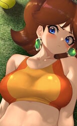 1girls alternate_breast_size bare_shoulders big_breasts blue_eyes blush bra breast_focus breasts busty earrings female female_only hizake kashu_(hizake) large_breasts mario_(series) mario_tennis nintendo princess_daisy royalty short_hair sports_bra sportswear tennis_ball tomboy video_games