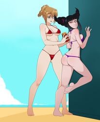 2girls against_wall agent_aika aika_sumeragi anoneysnufftan arrest ass bare_shoulders beach bikini black_hair breast_squish breasts capcom clenched_teeth defeated embarrassed female female_only hand_on_back humiliation juri_han killer_lotion light_brown_hair lotion one_leg_up peril purple_bikini red_bikini red_eyes street_fighter street_fighter_iv string_bikini summer sunscreen swimsuit wince