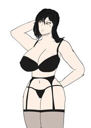 big_breasts black_bra black_hair black_panties brewhell garter_belt milf yellow_eyes