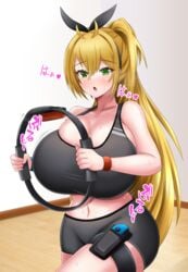 1girls 2020 absurd_res ahoge auge_(auge_kuma) bare_arms bare_shoulders bike_shorts black_hairband blonde_hair blush booty_shorts bouncing_breasts bow breasts bursting_breasts cleavage clothing electronics eyebrows_visible_through_hair eyes_visible_through_hair female female_only game_controller green_eyes hair_between_eyes hairband hairbow heavy_breathing highres holding_object huge_breasts indoors joycon_controller legwear long_hair long_ponytail looking_at_viewer mameneko midriff navel nintendo open_mouth pilates_ring ponytail raised_leg ring_fit_adventure ringcon_controller sideboob solo sound_effects sports_bra sportswear sweat sweating thick_thighs thigh_strap thighs tied_hair tongue very_long_hair wristband