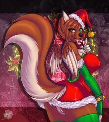 anthro ariveil ass bell big_breasts blue_eyes breasts brown_body brown_fur brown_hair candy canid canine canis christmas clothed clothing collar detailed_background fangs female fluffy fluffy_tail food fur genitals hair hat headgear headwear hi_res holding_food holding_object holidays licking mammal multicolored_body multicolored_fur nipple_outline open_mouth partially_clothed pussy santa_hat solo tongue tongue_out white_body white_fur wings wolf