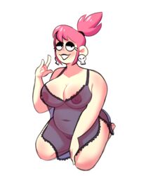 1girls 5:6 areolae bbw blush borrowed_character chubby cleavage eyeshadow kneeling large_breasts lingerie navel negligee nipples pink_hair pinup roxy_(herny) see-through_clothing short_ponytail skull_earrings smile steecks steeckykees transparent_clothing wariza white_background