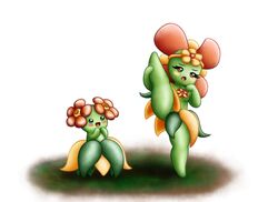 2girls anthro anthrofied bellossom bloomoiselle blue_eyes concerned covering embarrassed excited eyelashes fakémon feet flora_fauna flower flower_on_head flower_petals flowers game_freak green_skin happy headgear headwear holding leaves leg_grab leg_up lifting looking_at_viewer nervous nintendo no_humans open_mouth orange_eyes original_character plant plantie pokémon_(species) pokemon pokemon_gsc red_leaves shortstack shy_ayu size_difference skirt small_breasts smaller_female splits spread_legs standing standing_on_one_leg thick_thighs thighs vertical_splits white_background yellow_cheeks yellow_leaves