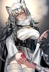 animal_ear_fluff animal_ears arknights bangs blush braid dress eyebrows_visible_through_hair female grey_eyes hair_between_eyes jewelry leopard_ears leopard_tail long_hair necklace pramanix_(arknights) pubic_tattoo solo steam tail tattoo thighhighs very_long_hair yavalley