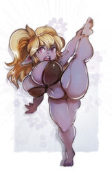 1girls ass breasts cleavage female female_only huge_ass huge_breasts large_breasts league_of_legends looking_at_viewer poppy purple_skin pwcsponson riot_games shortstack solo splits spread_legs tagme thick_thighs vertical_splits yordle