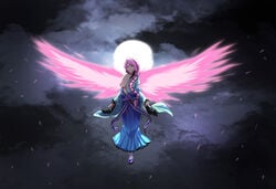 blue_kimono braid braided_ponytail breasts closed_mouth female floating full_body japanese_clothes kimono large_breasts moon moonlight night night_sky pink_eyes pink_hair pink_wings sky solo stefv tate_no_yuusha_no_nariagari therese_alexanderite torn_clothes wings