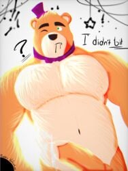 1boy bear belly bowtie burly dialogue five_nights_at_freddy's five_nights_at_freddy's_4 fredbear_(fnaf) furry furry_only leaking_penis male male_only one_eye_closed penis precum text top_hat topless