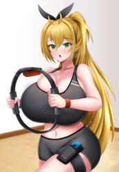 1girls 2020 absurd_res ahoge auge_(auge_kuma) bare_arms bare_shoulders bike_shorts black_hairband blonde_hair blush booty_shorts bouncing_breasts bow breasts bursting_breasts cleavage clothing electronics eyebrows_visible_through_hair eyes_visible_through_hair female female_only game_controller green_eyes hair_between_eyes hairband hairbow heavy_breathing highres holding_object huge_breasts indoors joycon_controller legwear long_hair long_ponytail looking_at_viewer mameneko midriff navel nintendo open_mouth pale_skin pilates_ring ponytail raised_leg ring_fit_adventure ringcon_controller sideboob solo sports_bra sportswear sweat sweating thick_thighs thigh_strap thighs tied_hair tongue very_long_hair wristband