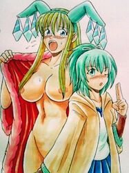 blush duel_monster embarrassed female large_breasts open_clothes partially_visible_vulva princess_of_tsurugi uncensored wynn_the_wind_charmer yu-gi-oh!