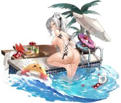 ass ass_grab azur_lane boobs breasts drake_(azur_lane) facing_away feet looking_at_viewer manjuu_(azur_lane) mouth_open naked nipples photoshop ponytail pool pussy see_through tagme transparent_clothing transparent_png uncensored underboob wet white_background white_hair yellow_eyes