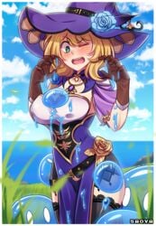 black_legwear blonde_hair dress female genshin_impact green_eyes lisa_(genshin_impact) mature_female milf purple_dress saova saova_drawing slime slime_(genshin_impact) witch witch_hat