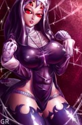 arachne background belly big_breasts big_nipples black_clothing color colored colored_background cross female female_only gloves greemer hips large_breasts light-skinned_female light_skin monster monster_girl monster_musume_no_iru_nichijou nun nun's_habit nun_outfit panties purple_hair rachnera_arachnera red_eyes spider_girl spider_humanoid spider_web