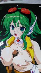 1girls breasts cum cum_on_breasts dark-skinned_male female goggles goggles_on_head green_eyes green_hair gumi hasamimushi headphones holding_breast megpoid megpoid_gumi nude open_mouth paizuri photo_(medium) solo_focus uncensored vocaloid