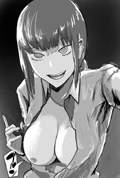 2d areolae arm_up black_and_white breasts breasts_out chainsaw_man eyebrows_raised eyebrows_visible_through_hair female flashing large_breasts long_hair looking_at_viewer makima_(chainsaw_man) nipples office_lady open_mouth presenting seitai_noizu selfie shirt_pull small_areolae smile swirly_eyes teeth tongue unusual_pupils