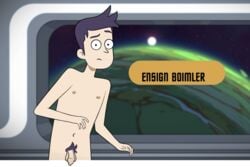 bradward_boimler character_name edit edited flaccid flaccid_penis human looking_at_viewer male male_nipples male_only nipples nude pale_skin penis pubic_hair purple_hair purple_pubic_hair screenshot_edit solo star_trek star_trek_lower_decks uncircumcised window