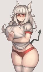 1girls 2021 blush breasts clothing curvy demon gym_uniform helltaker horns kelvin_hiu large_breasts looking_at_viewer lucifer_(helltaker) mole mole_under_eye red_eyes solo standing sweat tail thick_thighs thigh_bulge thighhighs thighs white_background white_hair white_skin wide_hips