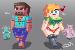 2020 2boys 2girls alex_(minecraft) beard belly blue_eyes breasts bulge creeper cubic_breasts flower hairy_chest heart hearts iron_golem_(minecraft) kneehighs minecraft mojang panteon013 polygons red_hair ripped_clothing rose_(flower) steve_(minecraft) tagme thighs