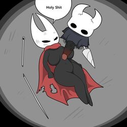 1:1 anthro arthropod breasts broken_weapon cape cloak clothing defeated duo english_text featureless_breasts female genitals hi_res hollow_knight hornet_(hollow_knight) incest insects lance male navel penis profanity protagonist_(hollow_knight) red_cape siblings size_difference smaller_male speech_bubble straight team_cherry text tonytoran torn_clothing vein veiny_penis video_games