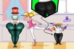 3girls ass blonde_hair breasts cartoon_network clothed dee_dee_(dexter's_laboratory) dexter dexter's_laboratory dexter's_mom earrings female female_only glasses gloves momokarin01 red_hair rule_63 thong