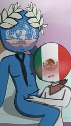 blue_body blue_penis blue_skin blush countryhumans cum cum_in_mouth cum_string gay
 mexico_(countryhumans) tie united_nations_(countryhumans) white_body white_skin