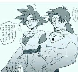 1boy 1girls abs big_penis boner broly broly_(dragon_ball_z)_1993 clothed dragon_ball dragon_ball_z female female_goku goki japanese_text jewelry rule_63 saiyan size_difference son_goku