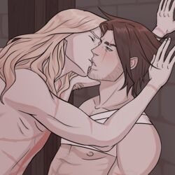 alucard_(castlevania) armpit_hair bandage bare_chest bishonen castlevania castlevania_(netflix) chest_hair dhampir facial_hair gay kissing long_hair long_hair_male male_only muscular_male sadtheburrito scar_across_eye scars trevor_belmont vampire yaoi