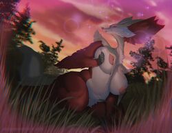 1girls 2020 anthro big_breasts blushing_yokai breast_squeeze breasts cheek_tuft cream_fur delphox detailed_background evergreen_tree facial_tuft female fur furry furry_only hand_on_breast hi_res inner_ear_fluff long_neck multicolored_body nintendo nipples no_humans nude outside pink_areola pink_eyes pink_nipples pokémon_(species) pokemon pokemon_xy red_fur seductive seductive_eyes smile solo solo_female sparkles squeezing tall_grass trees tuft video_games white_fur