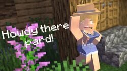 blonde_hair cammie_(flamingono) cubic_breasts farm farmer farmgirl flamingono freckles hat looking_at_viewer minecraft nipples outside overalls shorts talking_to_viewer yellow_eyes